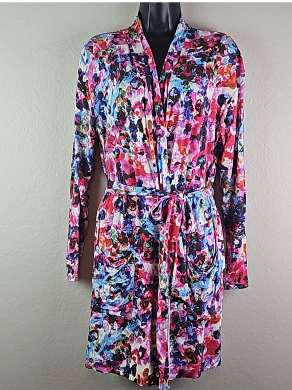 CAbi Watercolor Floral Robe Size XS Attached Belt Loungewear Jersey Knit